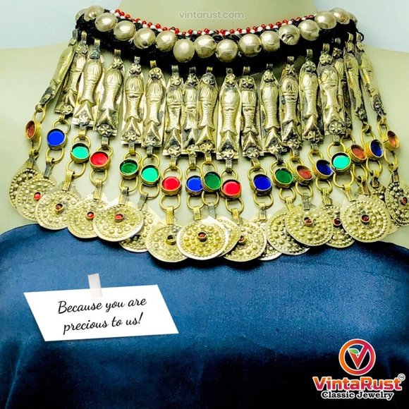 Handmade Choker Necklace, Long Dangling Tassels Fish Motif Necklace - Picture 3 of 14